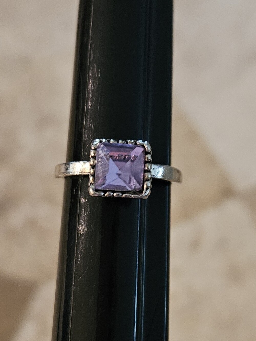 Purple Stone Ring Amethyst Color Silver Square Size 4.75 4 3/4 Crystal Glass CZ